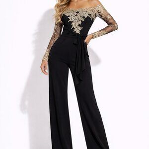 Black & Gold Embroidered Lace Formal Jumpsuit – Sheer Sleeves – NWT – Size Small